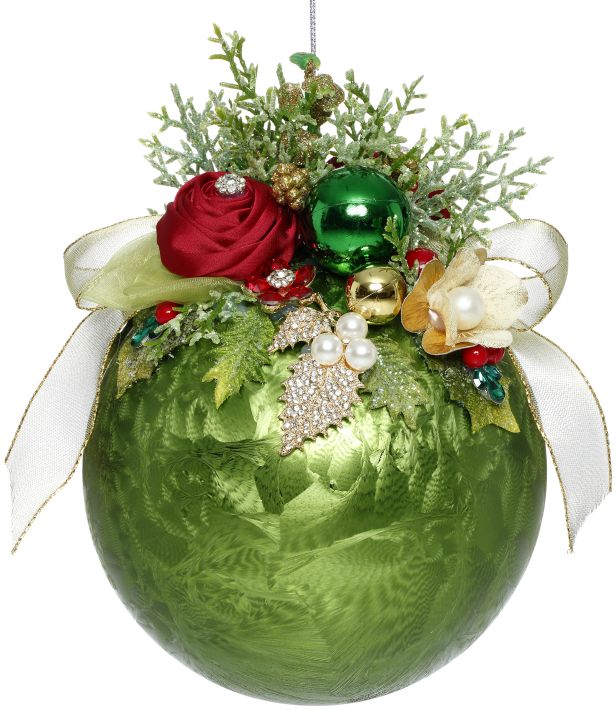 Mark Roberts Floral Jeweled Ball Ornament, Frosted, Dark Green 41556