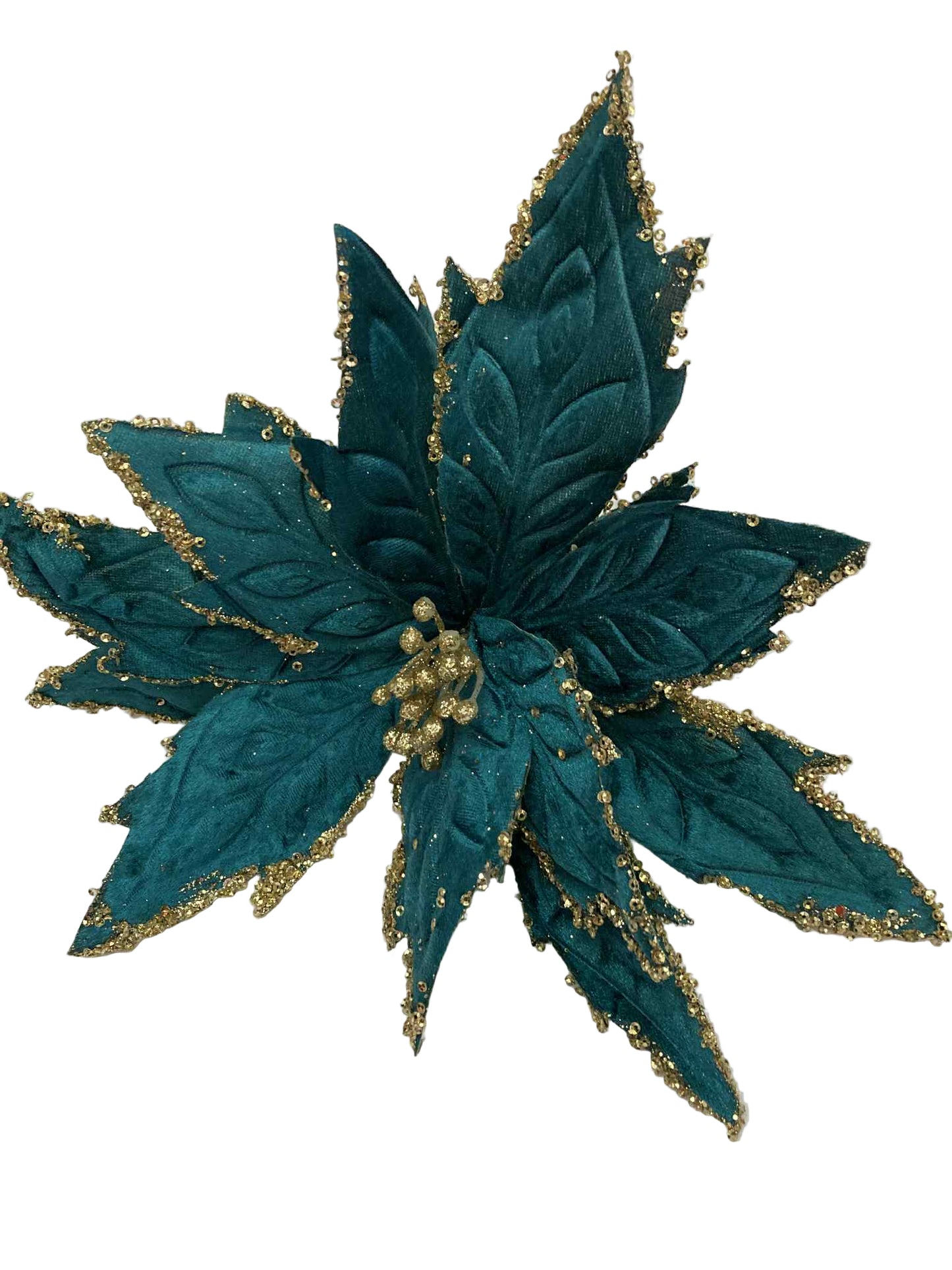 Teal flower with gold accents on a white background