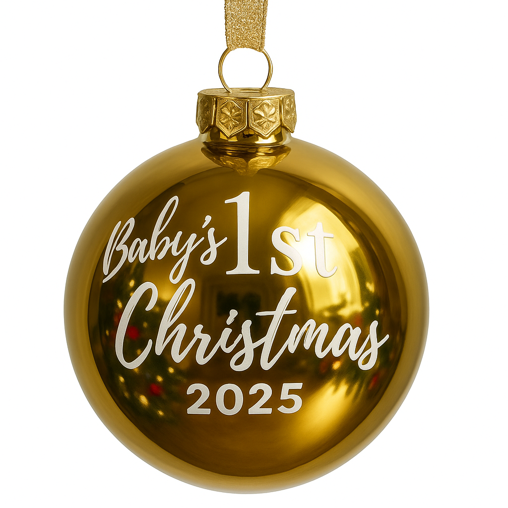 Gold Christmas ornament with 'Baby's 1st Christmas 2025' text on a white background