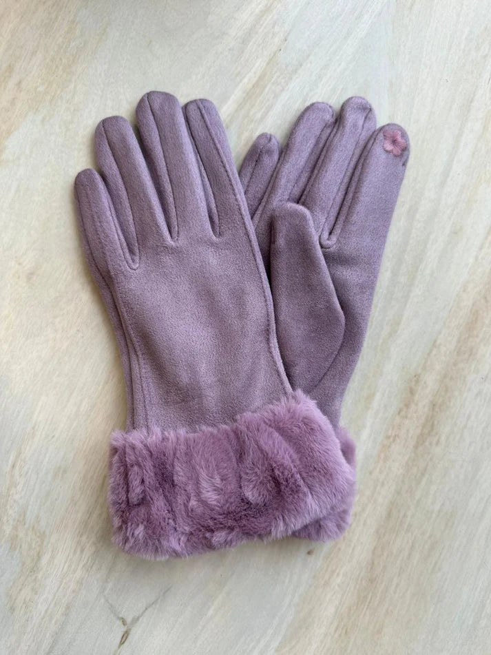 Luxe Faux Trim Poly Suede Gloves in Purple 39506