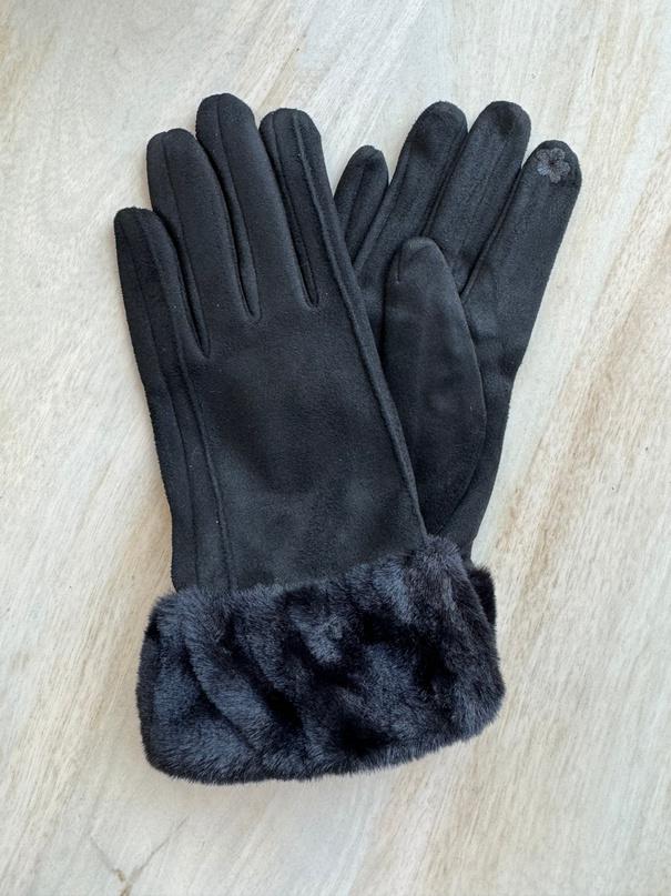 Luxe Faux Trim Poly Suede Gloves in Black 39506