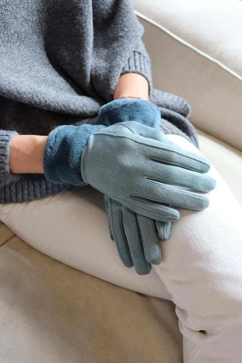 Luxe Faux Trim Poly Suede Gloves in Teal 39506