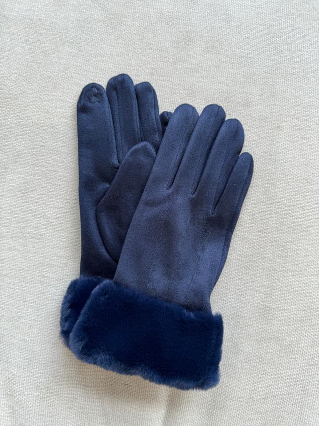 Luxe Faux Trim Poly Suede Gloves in Navy 39506