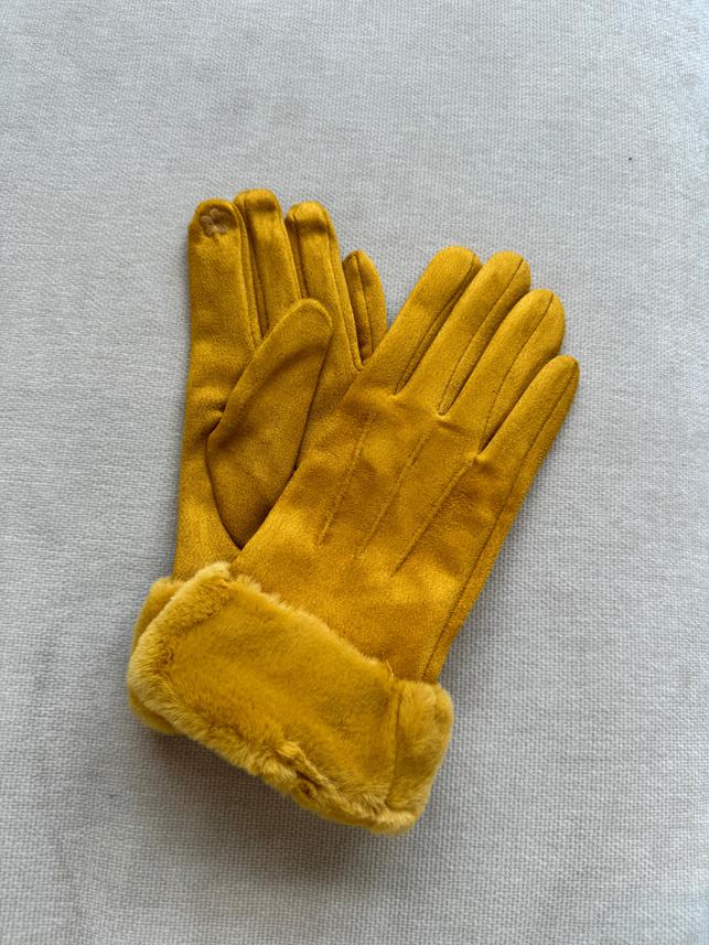 Luxe Faux Trim Poly Suede Gloves in Mustard 39506