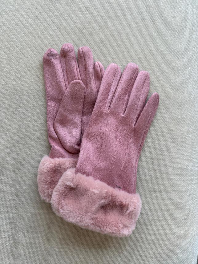 Luxe Faux Trim Poly Suede Gloves in Pink 39506