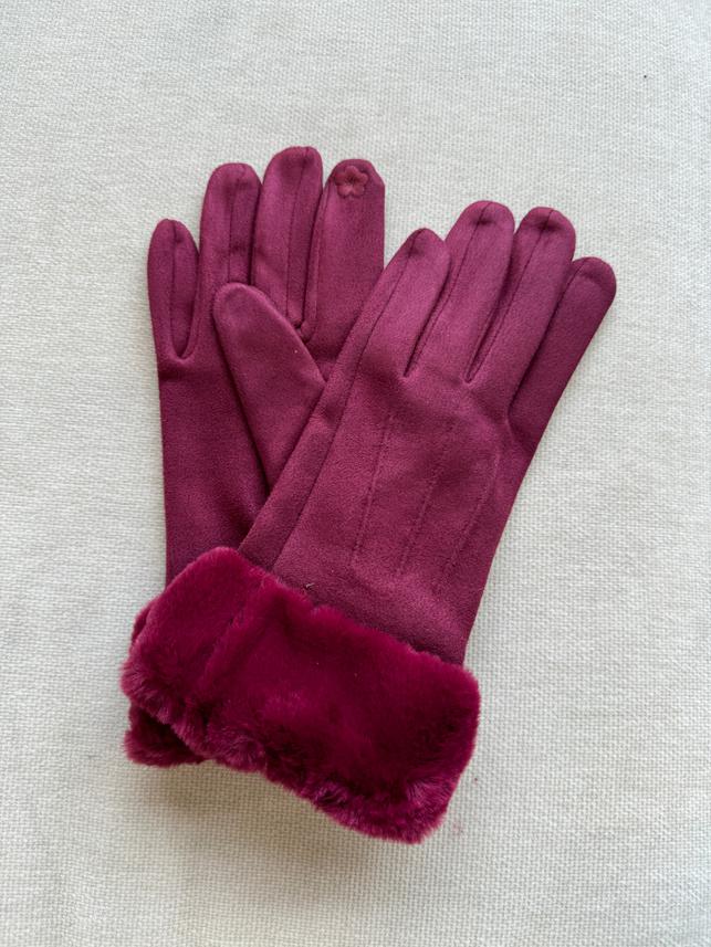 Luxe Faux Trim Poly Suede Gloves in Wine 39506