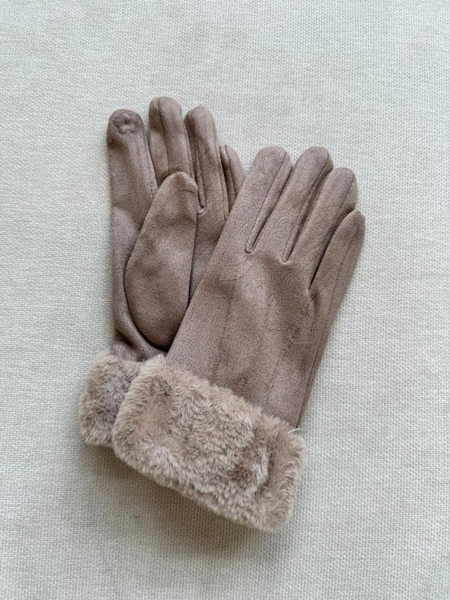 Luxe Faux Trim Poly Suede Gloves in Beige 39506