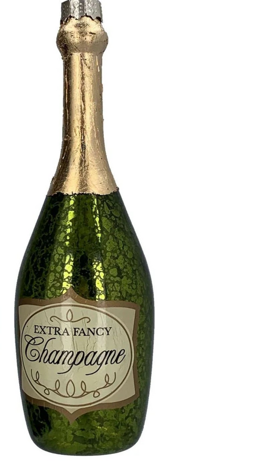 Two decorative champagne bottle ornaments with 'Extra Fancy Champagne' labels on a white background.
