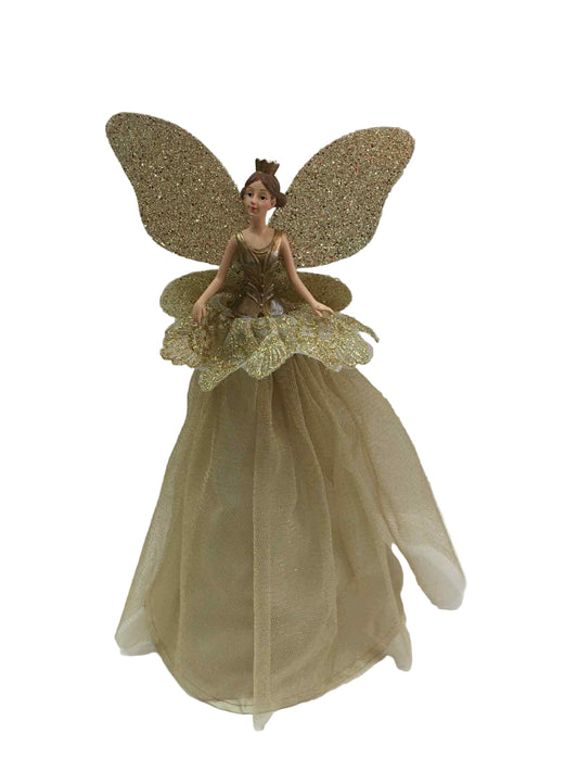 Decorative fairy figure with gold wings and gown on a white background