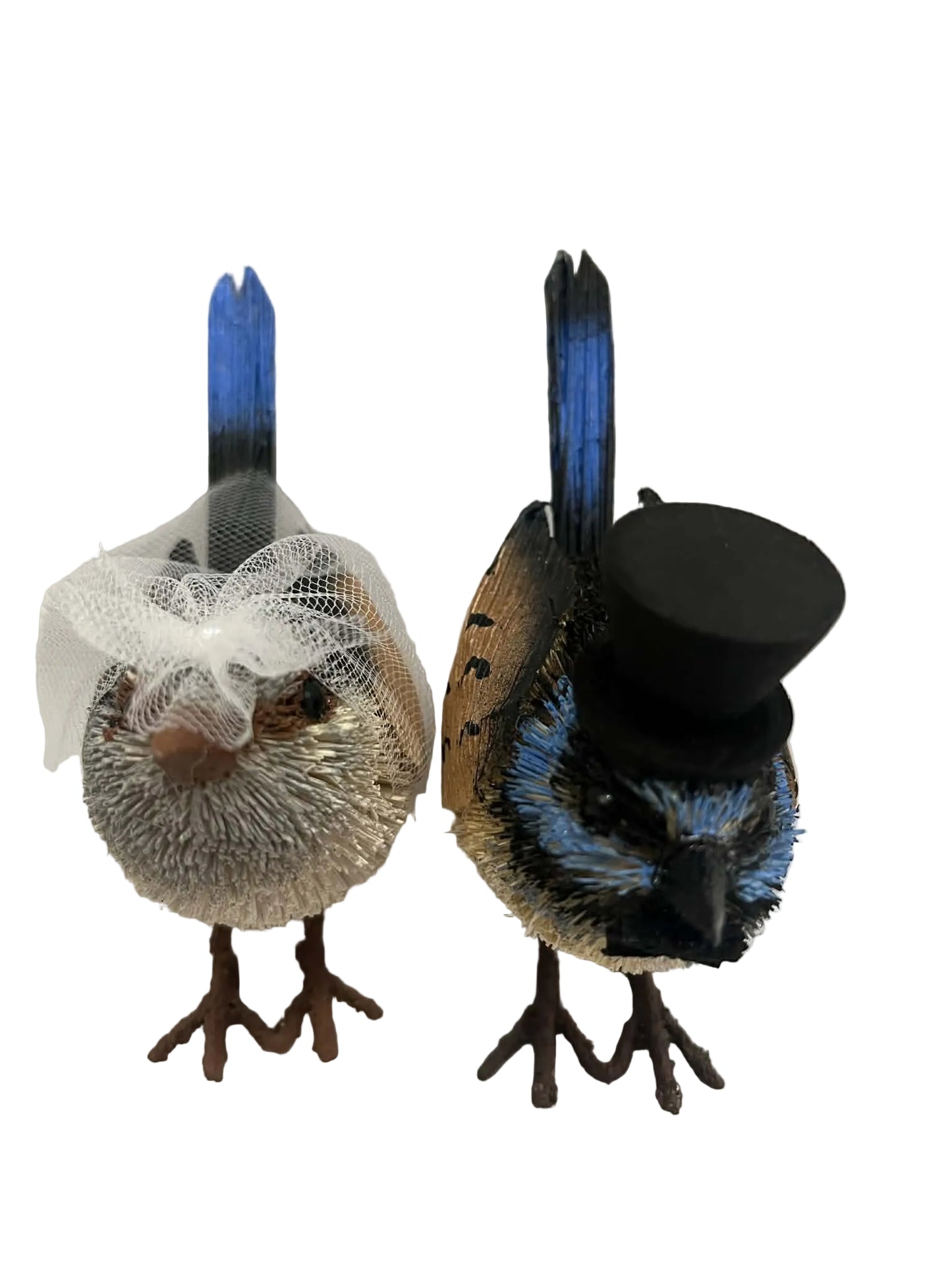 Two decorative birds, one with a top hat and veil, on a white background