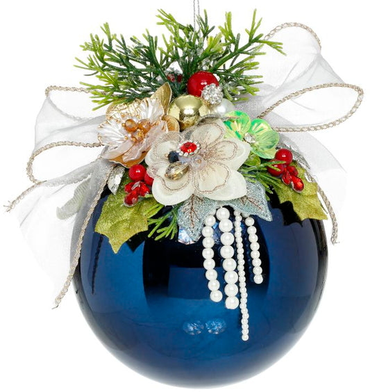 Mark Roberts Floral Jeweled Ball Ornament, Shiny, Dark Blue 41546
