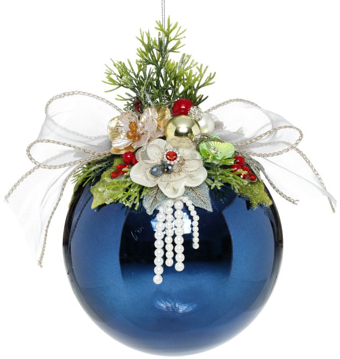 Mark Roberts Floral Jeweled Ball Ornament, Shiny, Dark Blue 41554