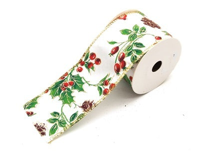 10m White Satin Christmas Ribbon with Pinecones 42508
