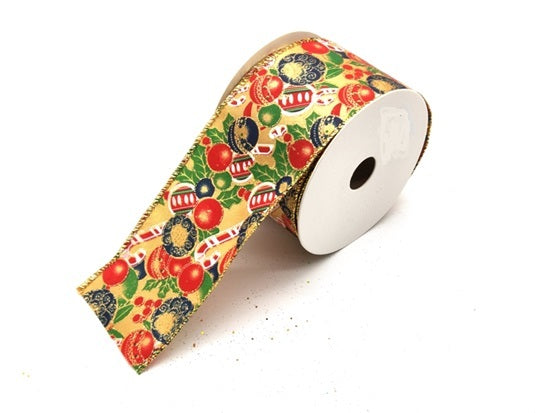 10m Gold Satin Christmas Ribbon with Cherry Candy 42508