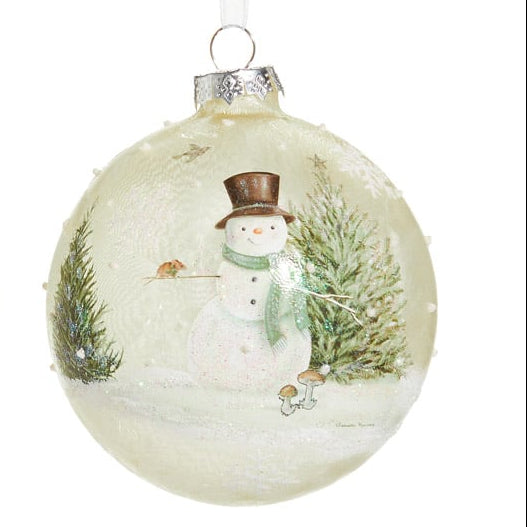 Two Christmas ornaments with snowmen and trees on a white background