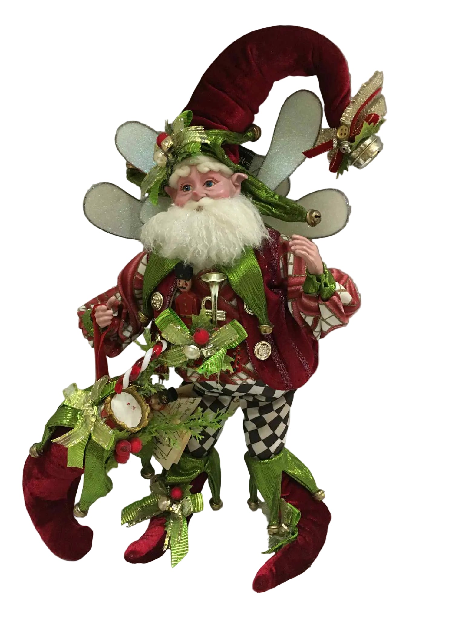 Decorative figure of a jester with a red and green outfit on a white background