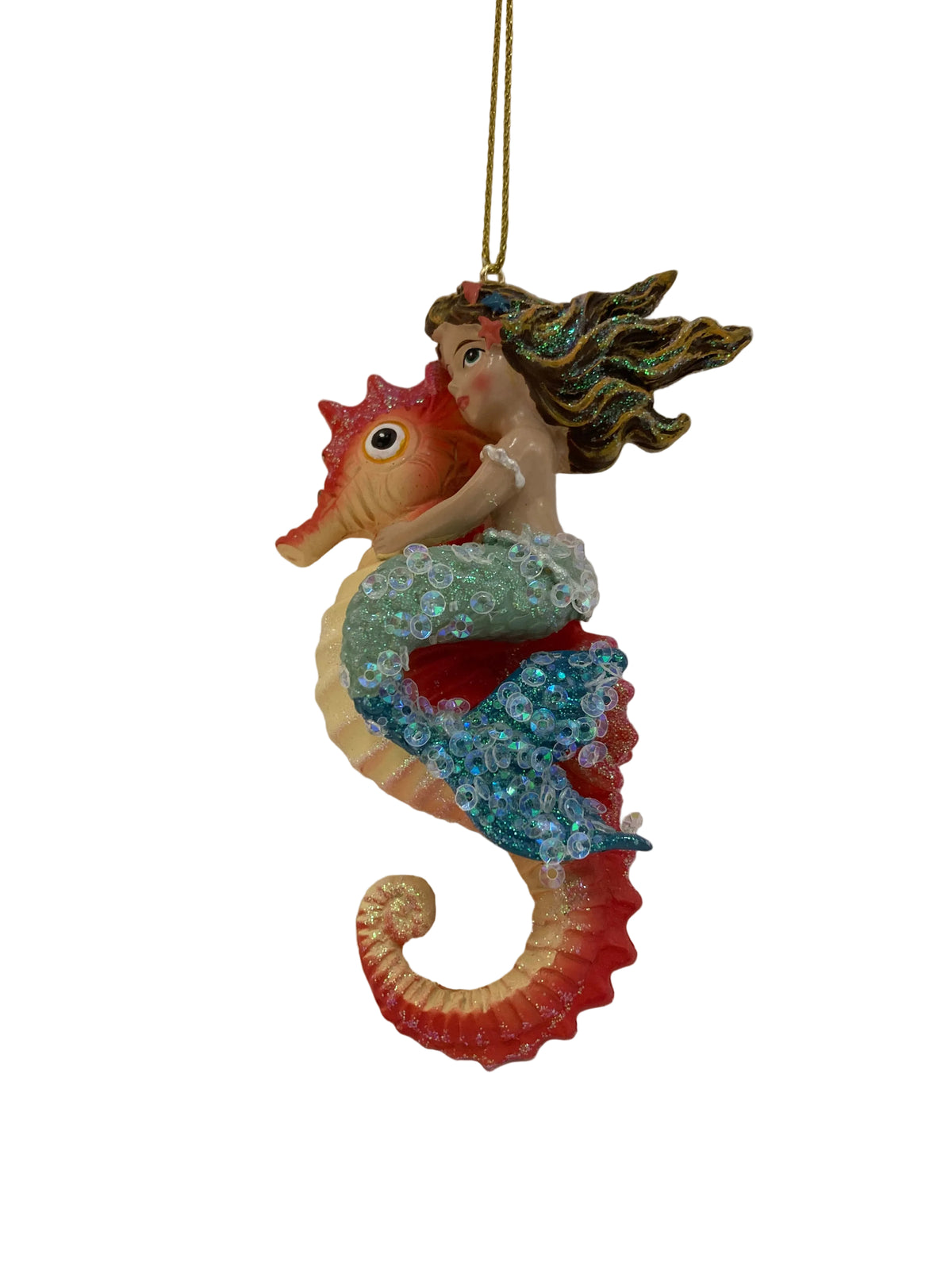 Blue Mermaid Hanging Ornament with Orange Seahorse 42700