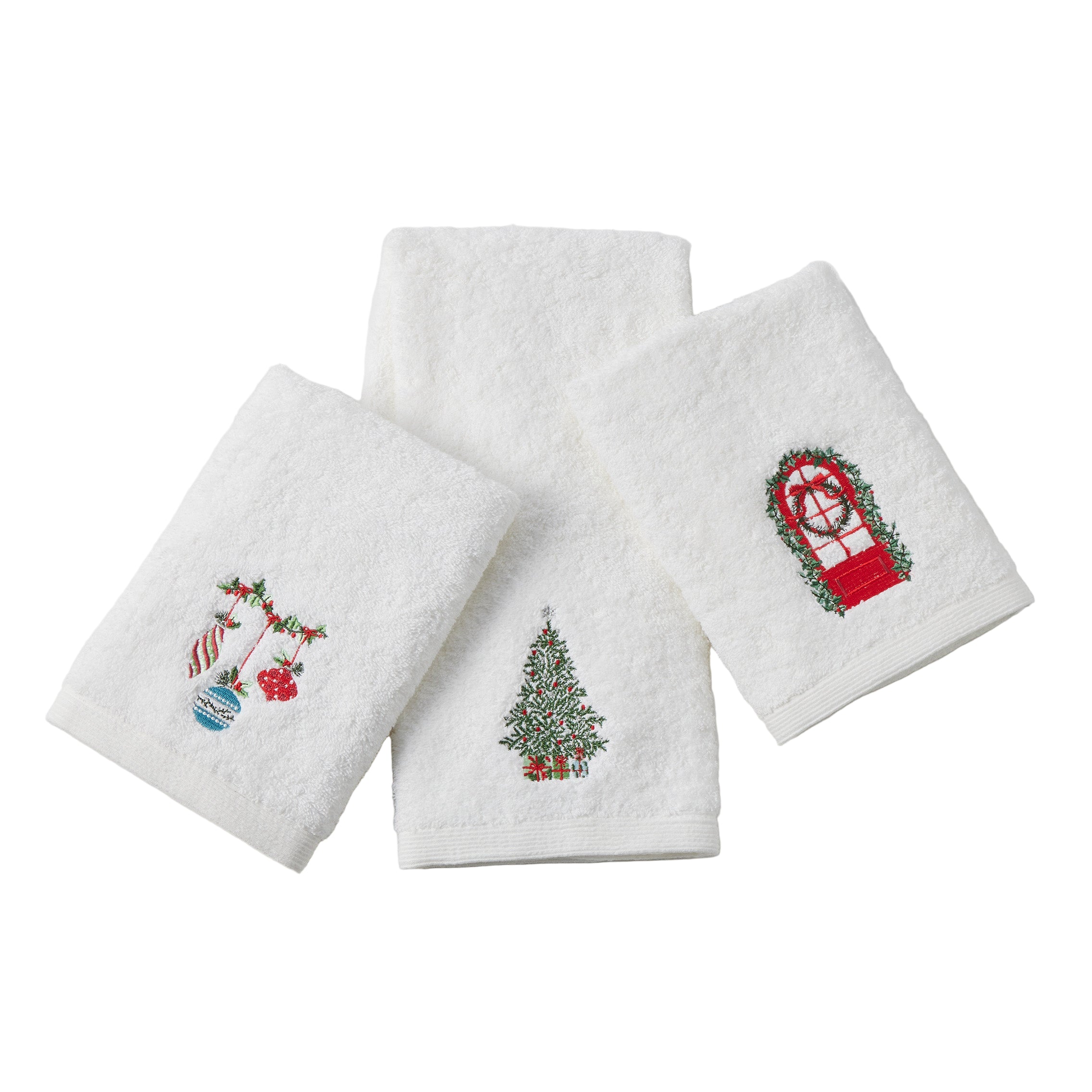 Set of three white towels with Christmas-themed embroidery on a light gray background