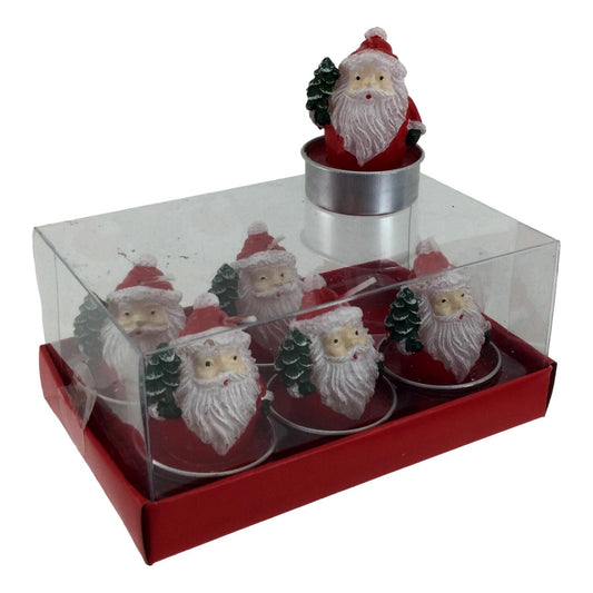 Set of Santa Claus figurines in a clear box with a red base
