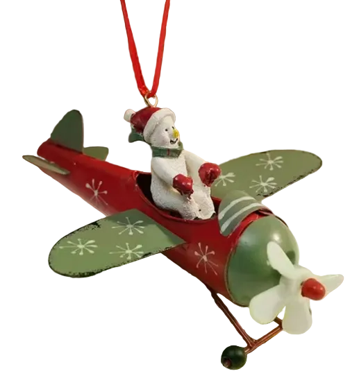 Red and Green Hanging Plane with Snowman Metal Ornament 42715