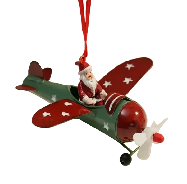 Red and Green Hanging Plane with Santa Metal Ornament 42715