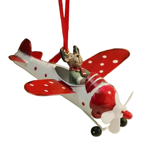 Red and White Hanging Plane with Reindeer Metal Ornament 42715