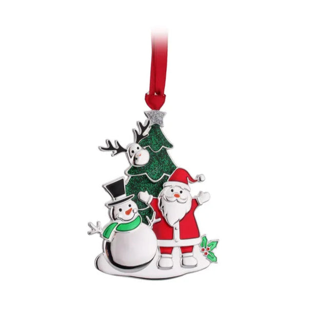 Christmas ornament with Santa Claus and snowman under a tree on a white background