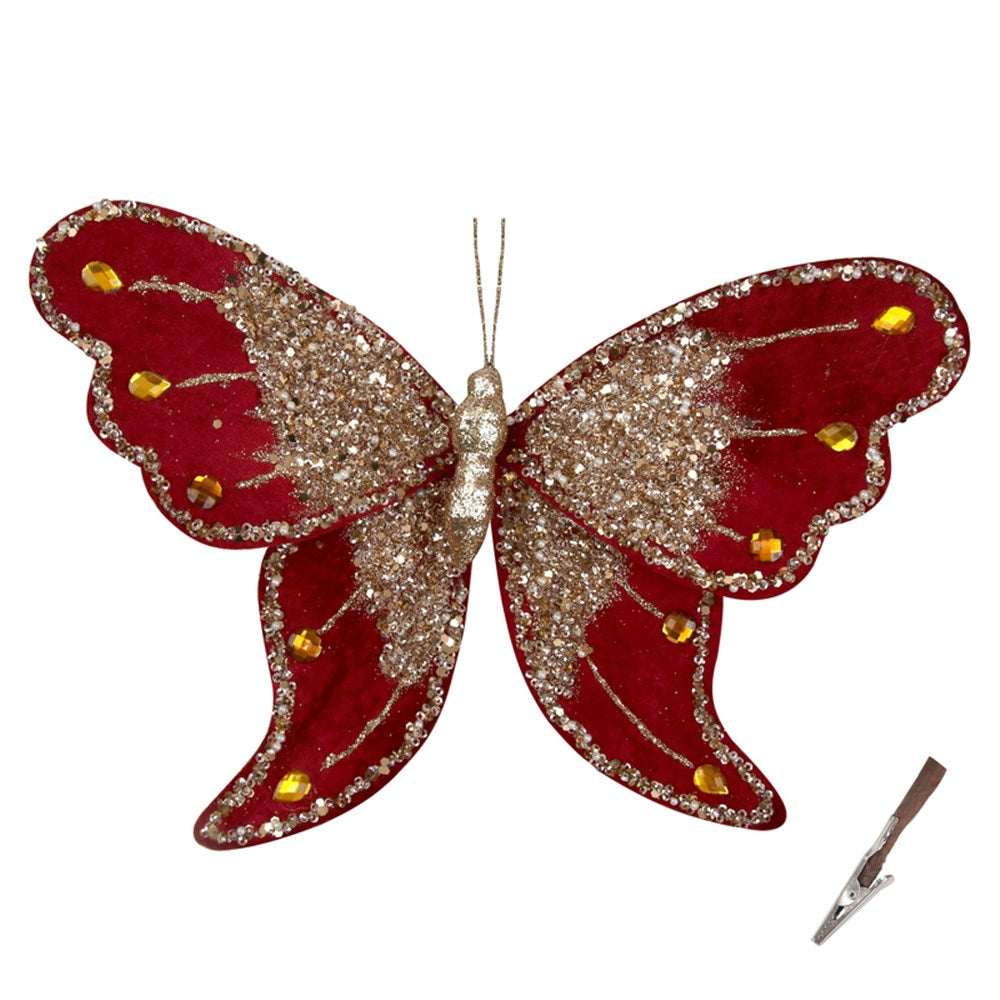 23cm Red and Silver Glitter Butterfly with Clip 42528