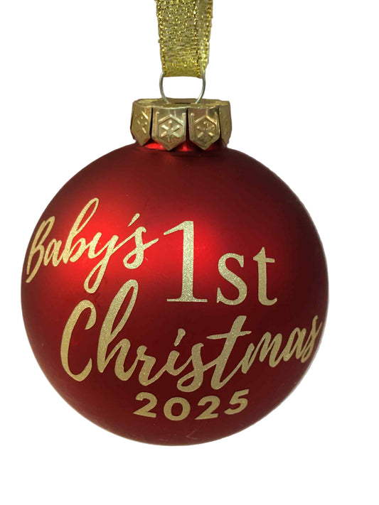 Red Christmas ornament with 'Baby's 1st Christmas 2025' text on a white background