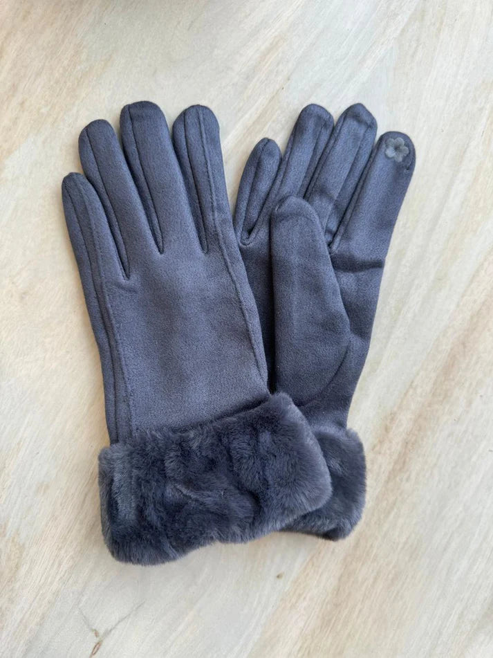 Luxe Faux Trim Poly Suede Gloves in Grey 39506
