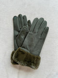 Luxe Faux Trim Poly Suede Gloves in Dark Green 39506