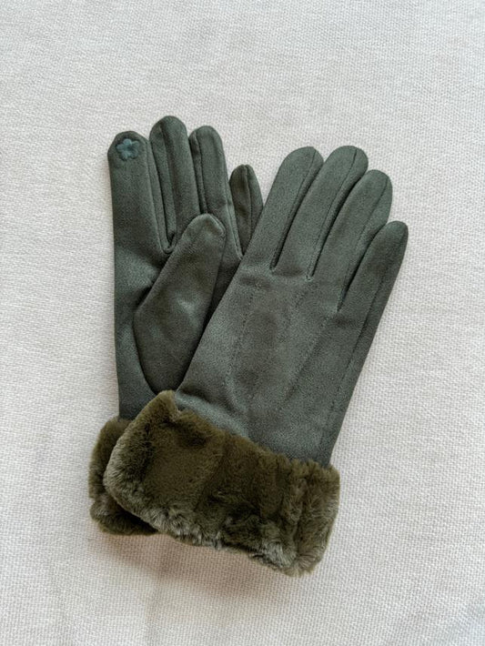 Luxe Faux Trim Poly Suede Gloves in Dark Green 39506